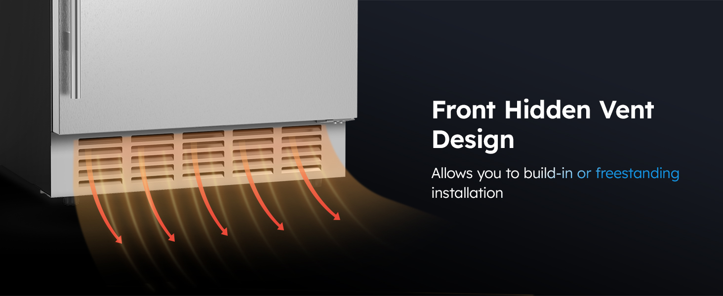 MOJGAR beverage fridge with a front hidden vent design for efficient cooling. Suitable for built-in or freestanding installation, ensuring optimal airflow and versatile placement options.
