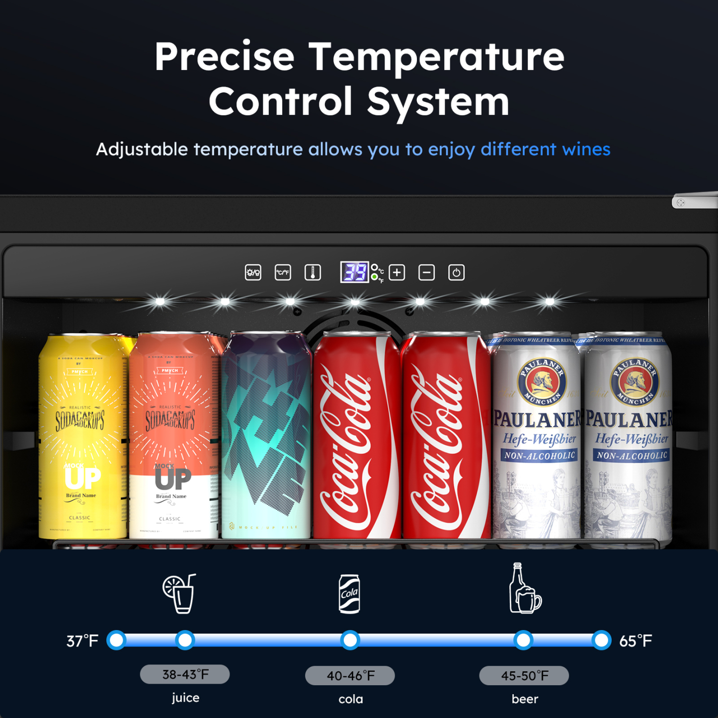 MOJGAR beverage fridge with precise temperature control system, featuring soda, cola, and beer cans. Temperature ranges displayed for optimal cooling between 37-65°F for various drinks.
