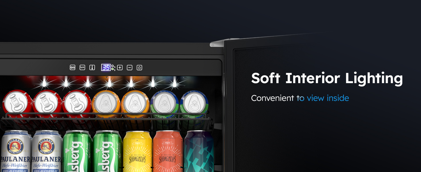 MOJGAR beverage fridge with soft interior lighting, displaying organized cans and bottles. The LED lighting enhances visibility inside, making it convenient to view stored drinks.