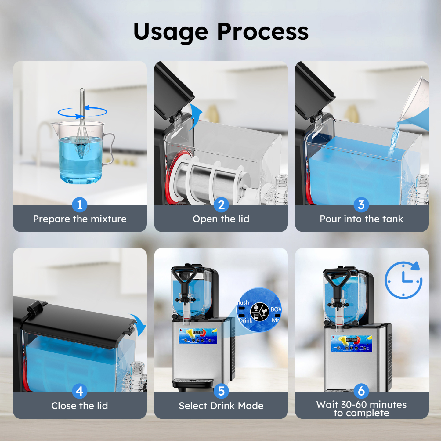 Step-by-step guide for using the Mojgar Pro 3L Slush Machine: 1) Prepare the mixture, 2) Open the lid, 3) Pour into the tank, 4) Close the lid, 5) Select drink mode, 6) Wait 30-60 minutes for perfect slushies, margaritas, or cold drinks.