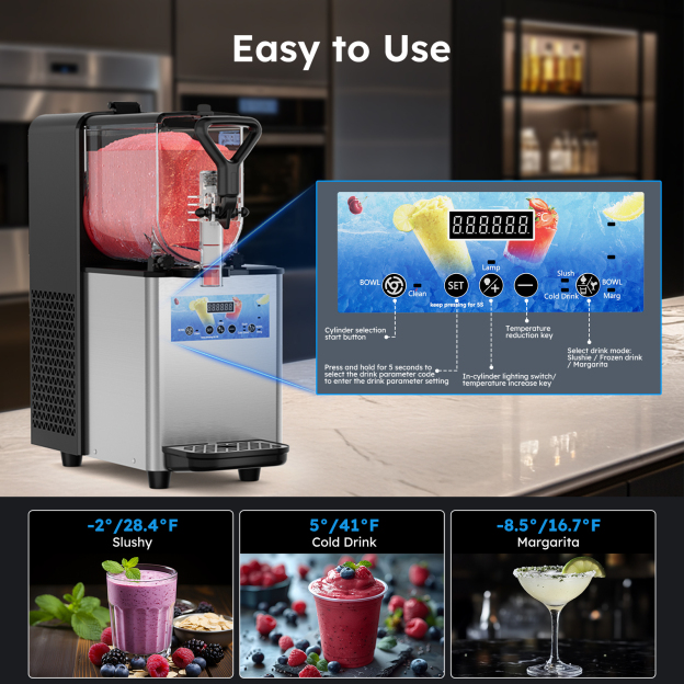 Mojgar Pro 3L Slush Machine with an intuitive control panel for selecting drink modes: slushy (-2°F), cold drink (41°F), and margarita (-8.5°F). Designed for convenience with easy temperature adjustments, auto-cleaning, and LED lighting for home and commercial use.