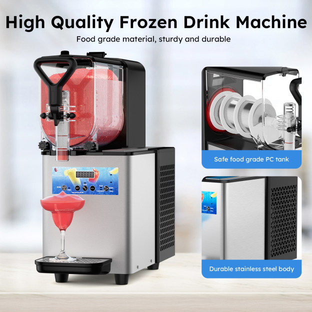 Mojgar Pro 3L Slush Machine with food-grade PC tank and durable stainless steel body. Sturdy and reliable, designed for home and commercial use. Safe, high-quality materials ensure long-lasting performance for making slushies, frozen cocktails, and margaritas.  
