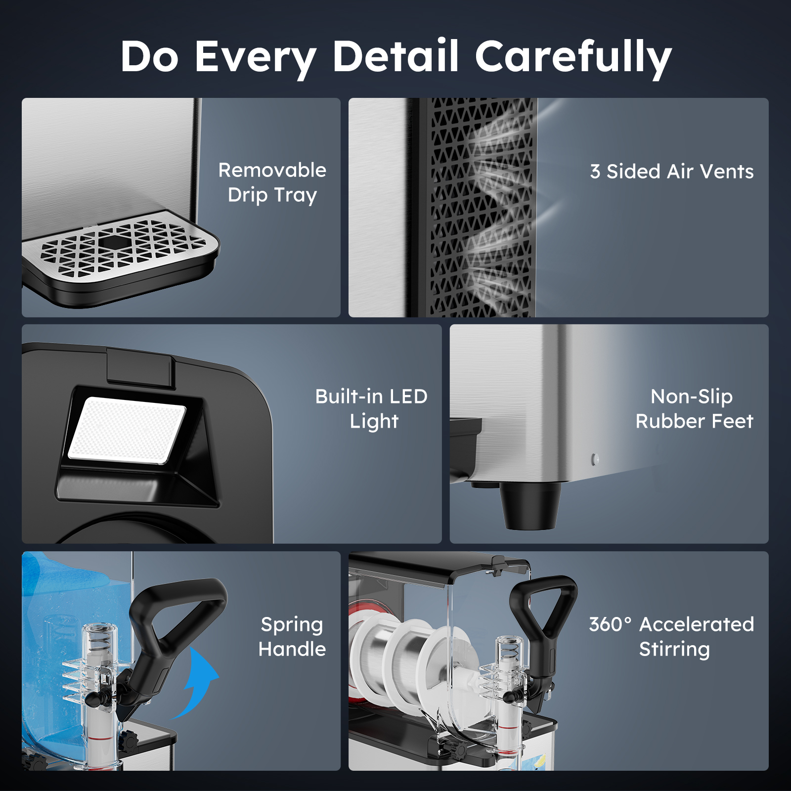 Mojgar Pro 3L Slush Machine features a removable drip tray, 3-sided air vents, built-in LED light, non-slip rubber feet, spring handle, and 360° accelerated stirring. Designed for durability, efficiency, and ease of use in home and commercial settings.