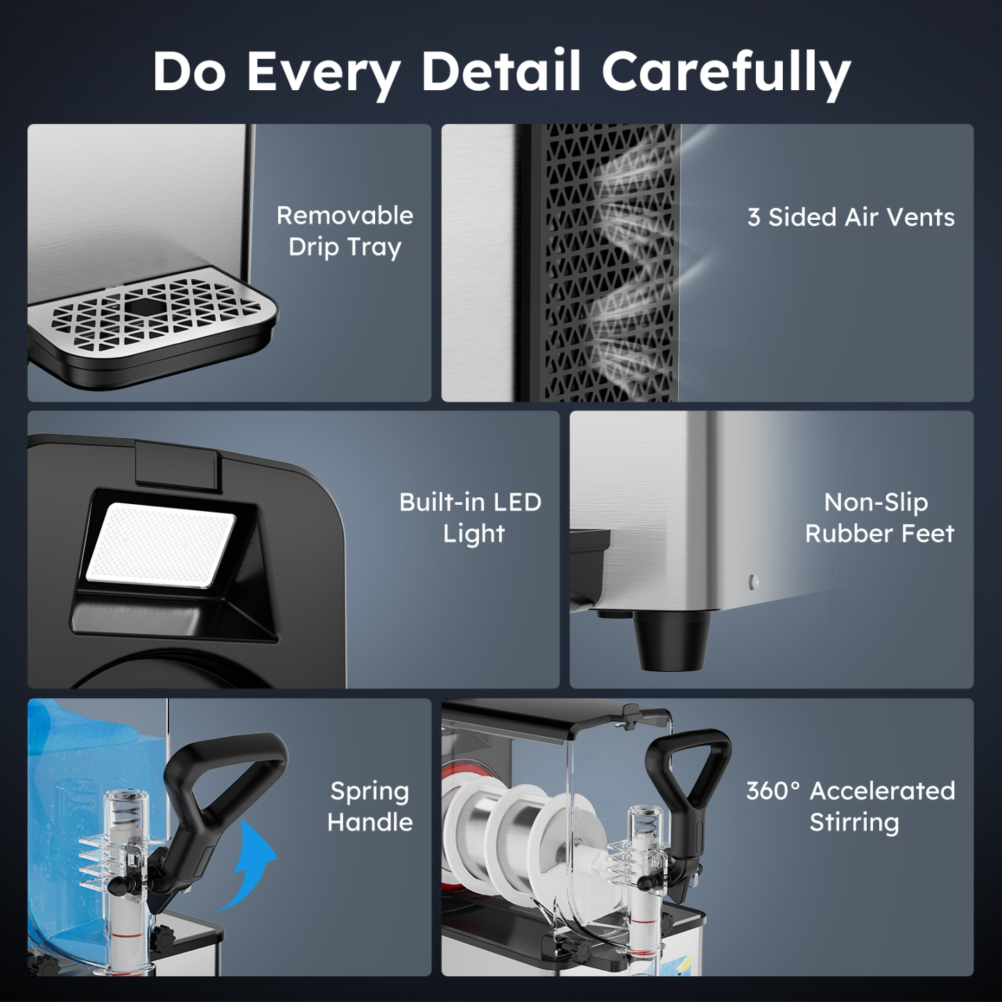 Mojgar Pro 3L Slush Machine features a removable drip tray, 3-sided air vents, built-in LED light, non-slip rubber feet, spring handle, and 360° accelerated stirring. Designed for durability, efficiency, and ease of use in home and commercial settings.