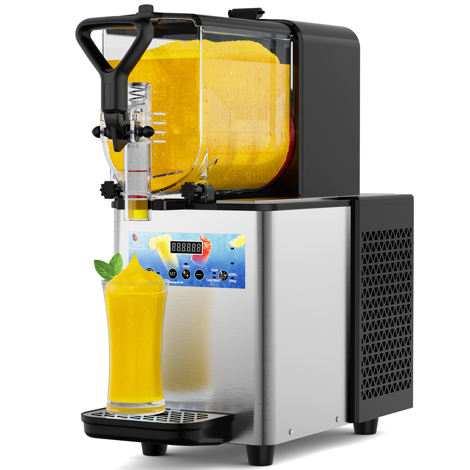 Mojgar Pro 3L Slush Machine with LED display, stainless steel body, and large 3L capacity. Perfect for making frozen margaritas, slushies, and cocktails at home or for business. Features auto-clean mode, efficient cooling, and a leak-proof design.