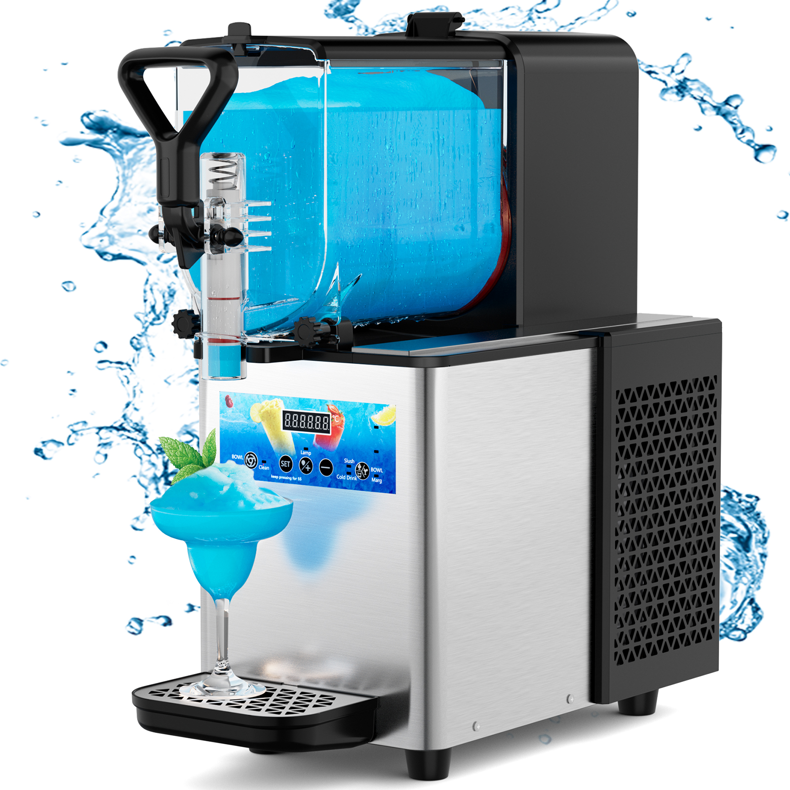 Mojgar Pro 3L Slush Machine with LED display, stainless steel body, and 3L capacity. Ideal for home & commercial use, making frozen margaritas, slushies, and cocktails. Features auto-clean mode and leak-proof design for easy maintenance.