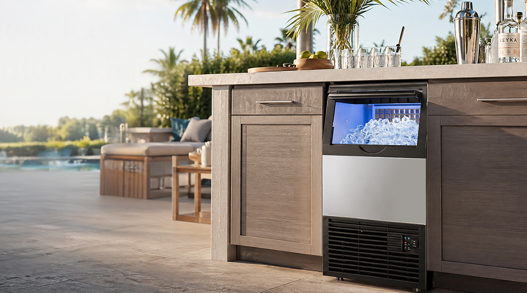 {"default":"Mojgar commercial ice maker in a modern outdoor bar setting, showing clear ice cubes and premium beverage setup"}
