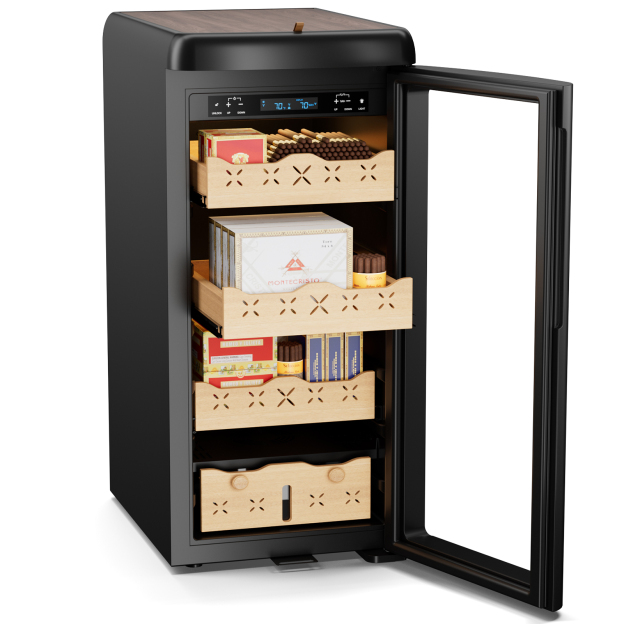 Mojgar 115L Electric Cigar Humidor with open door, showcasing Spanish cedar drawers, LED display, and intelligent temperature and humidity control for preserving up to 900 cigars in perfect condition.