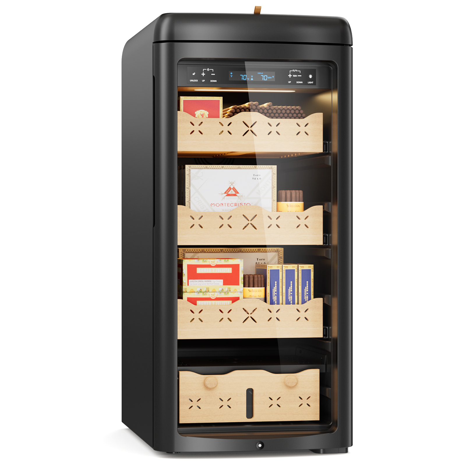 Mojgar 115L Electric Cigar Humidor with 900 cigar capacity, Spanish cedar shelves, LED lighting, and intelligent temperature and humidity control, perfect for preserving cigar collections.