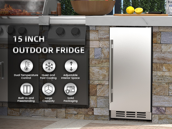 15-inch outdoor fridge featuring dual temperature control, quiet and fast cooling, adjustable interior space, large capacity, built-in or freestanding design, and durable packaging for versatile outdoor use.