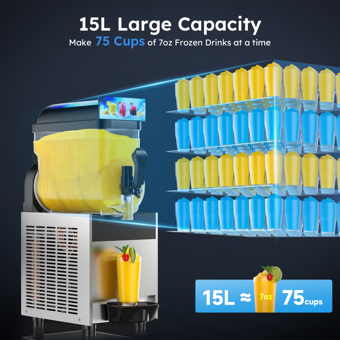 Mojgar 15L Commercial Slushy Machine with a large capacity, capable of making 75 cups of 7oz frozen drinks at a time. Perfect for high-demand environments like parties, bars, and restaurants, providing an efficient way to serve large quantities of refreshing beverages.