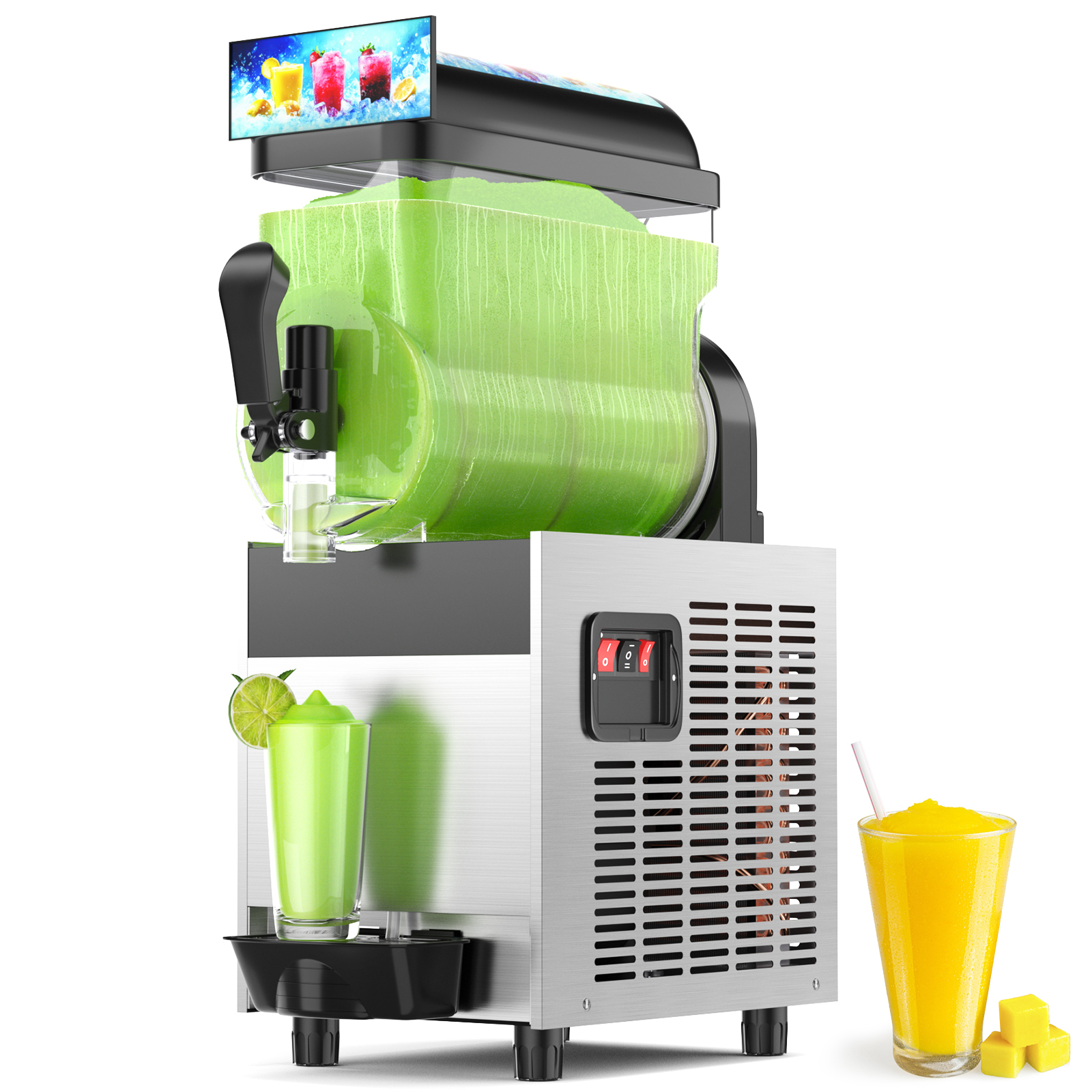 Mojgar 15L (4Gal) Commercial Slushy & Margarita Machine, displaying a refreshing green slushy. Features include auto-cleaning, 5-45 minute drink preparation time, food-grade materials, and LED lighting, ideal for parties, bars, or home use.