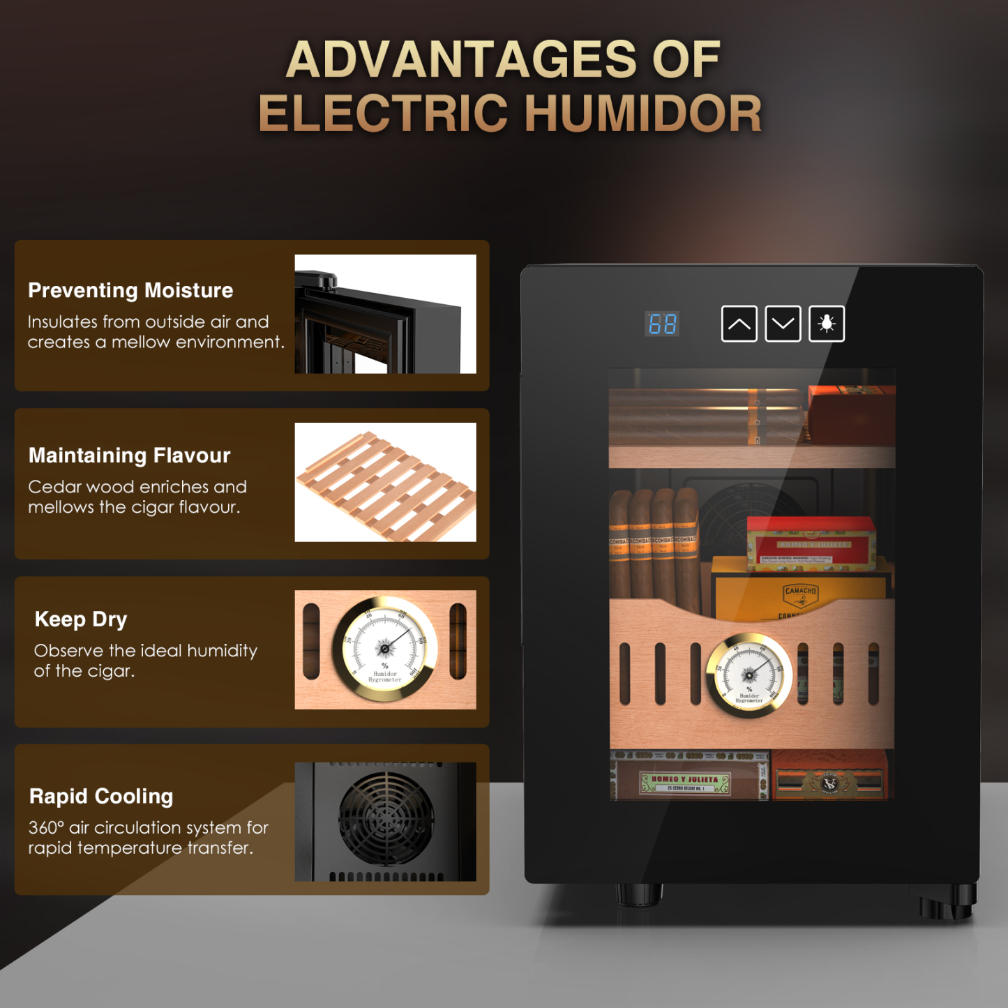 Mojgar 16L Cigar Humidor featuring advanced cooling and humidity control. Cedar wood enhances flavor, while the 360° air circulation system ensures rapid cooling. Equipped with hygrometer for ideal cigar humidity, ideal for 100 cigars.