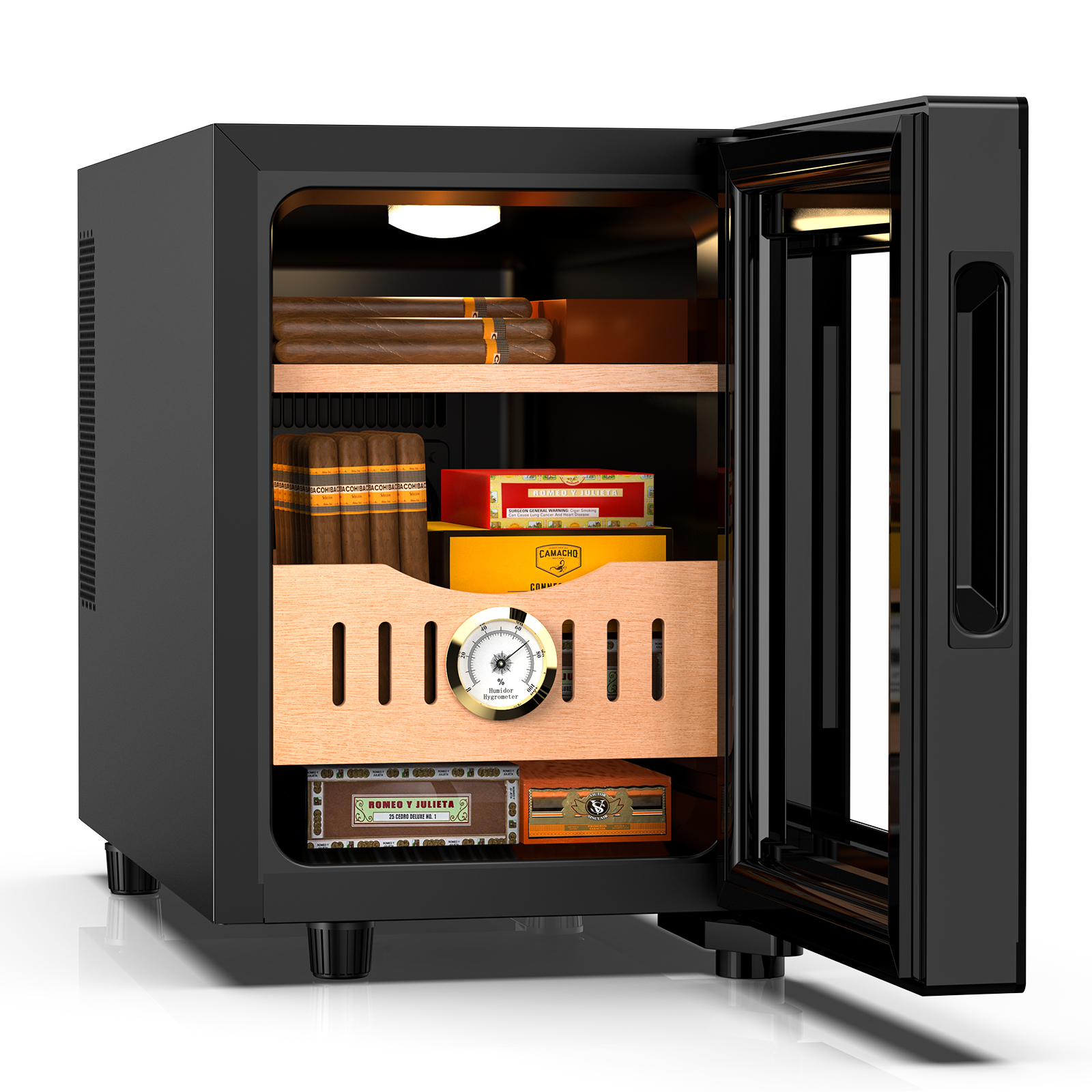 Mojgar 16L Cigar Humidor with a sleek black design, featuring cooling technology, Spanish cedar shelves, and a built-in hygrometer for optimal cigar storage. The glass door allows easy viewing and holds up to 100 cigars.