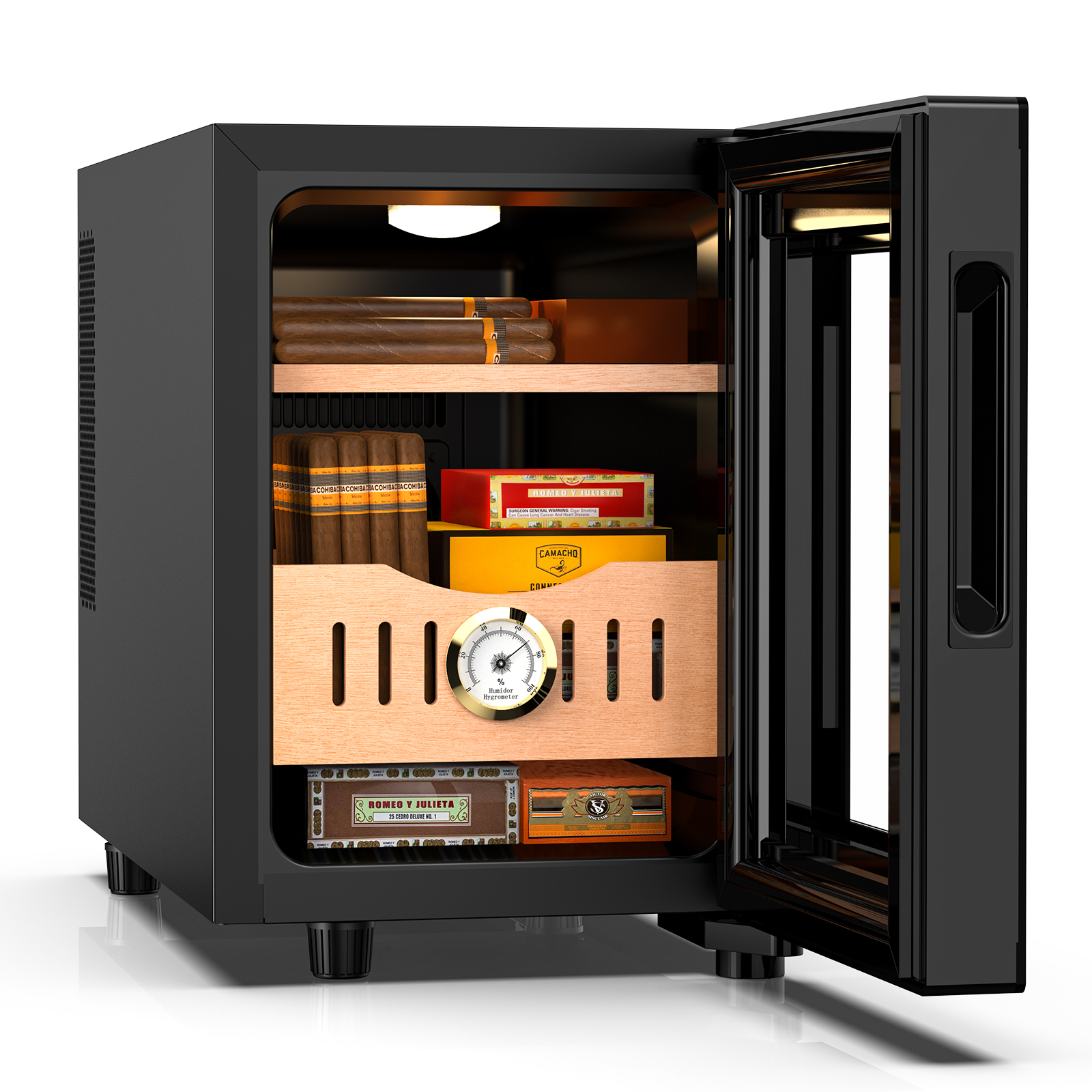 Mojgar 16L Cigar Humidor with a sleek black design, featuring cooling technology, Spanish cedar shelves, and a built-in hygrometer for optimal cigar storage. The glass door allows easy viewing and holds up to 100 cigars.