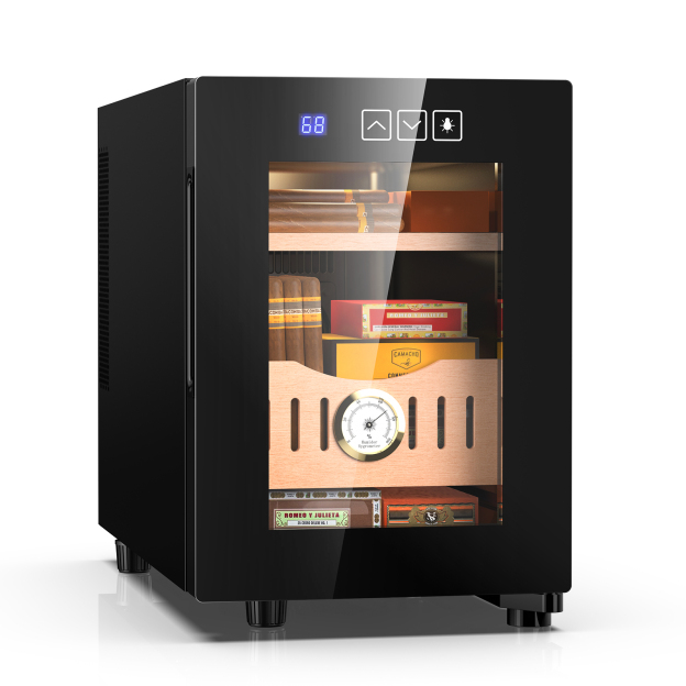 Mojgar 16L Cigar Humidor featuring cooling technology, Spanish cedar shelves, and a built-in hygrometer for optimal cigar storage. The sleek black design and clear glass door allow for easy monitoring of cigars. Holds up to 100 cigars.