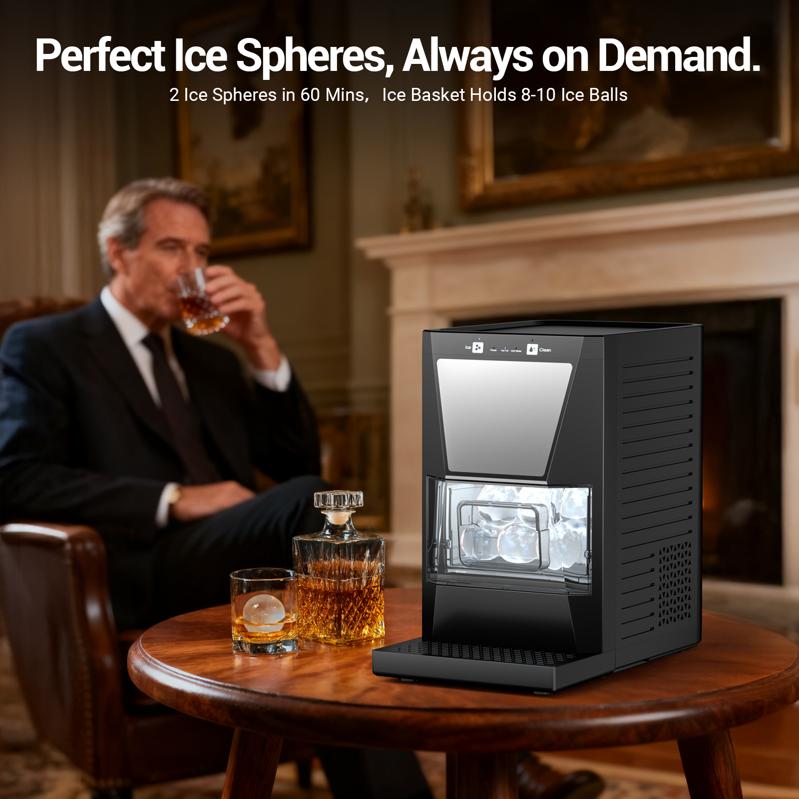 Mojgar Ice Sphere Maker produces 2'' clear ice balls in just 60 minutes. With a basket that holds 8-10 ice balls, it's ideal for enjoying chilled whiskey and cocktails anytime, whether for relaxation or entertaining guests.