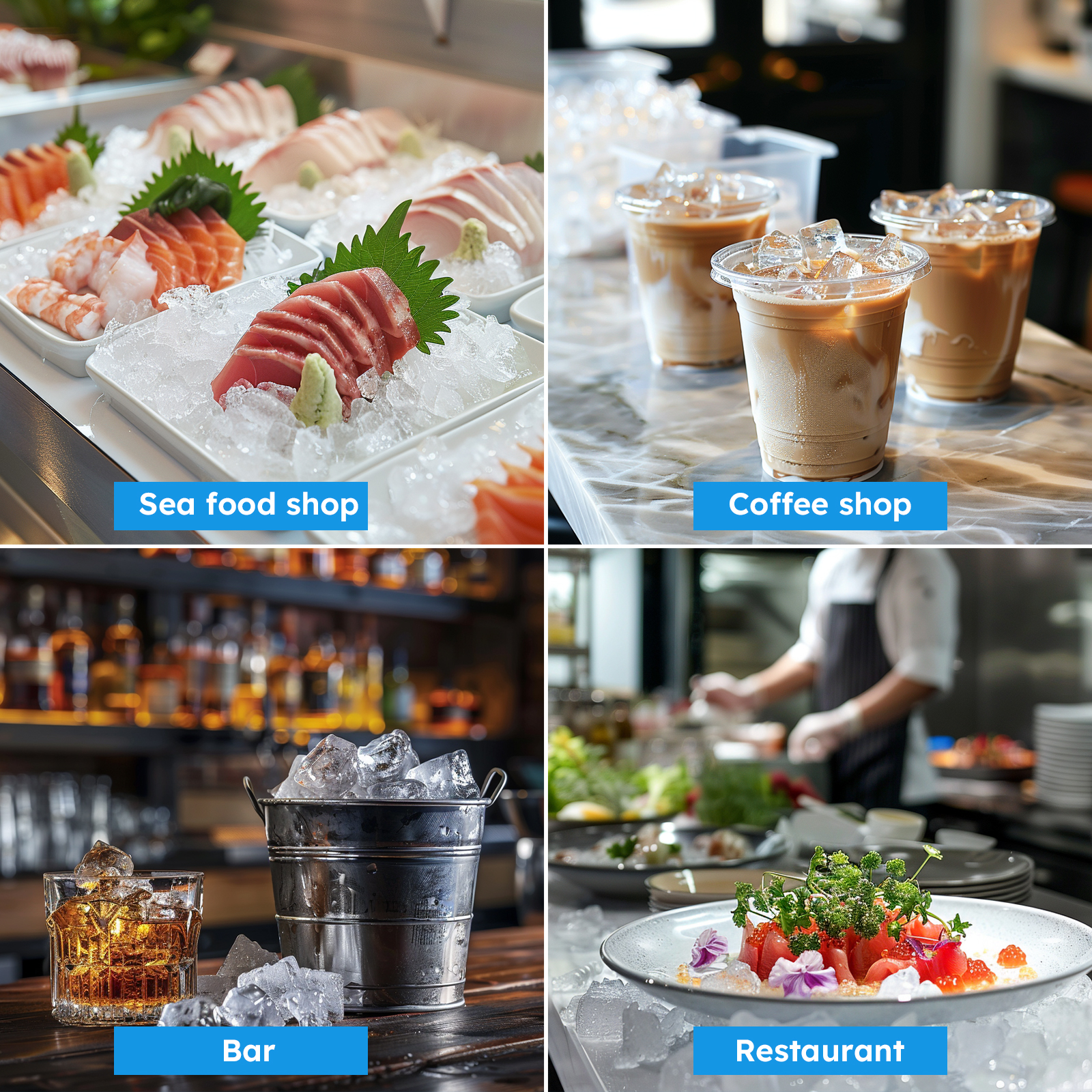 Image showing various applications of a commercial ice maker in different settings, including a seafood shop with ice displaying fresh fish, a coffee shop with iced beverages, a bar with ice-filled buckets for cocktails, and a restaurant with ice used to keep dishes fresh.