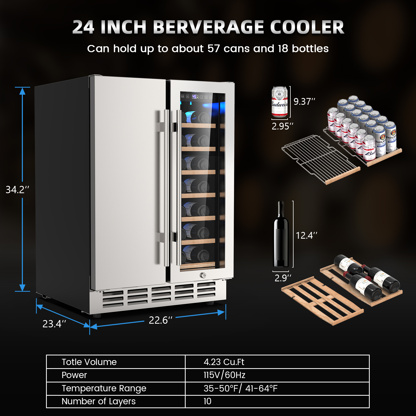 Mojgar 24-inch beverage cooler with dual zones, holding up to 57 cans and 18 bottles. Features adjustable shelves, a temperature range of 35-50°F (beverages) and 41-64°F (wine), and a 4.23 Cu.Ft capacity.