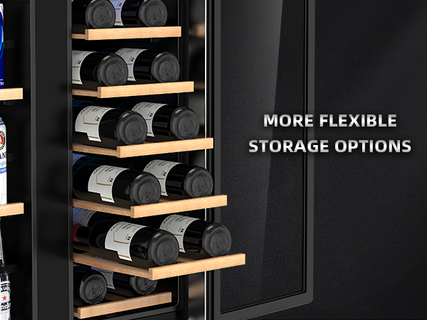 Mojgar wine and beverage fridge with flexible storage options. Features adjustable wooden shelves for bottles and cans, providing efficient organization and maximizing space for different drink sizes.