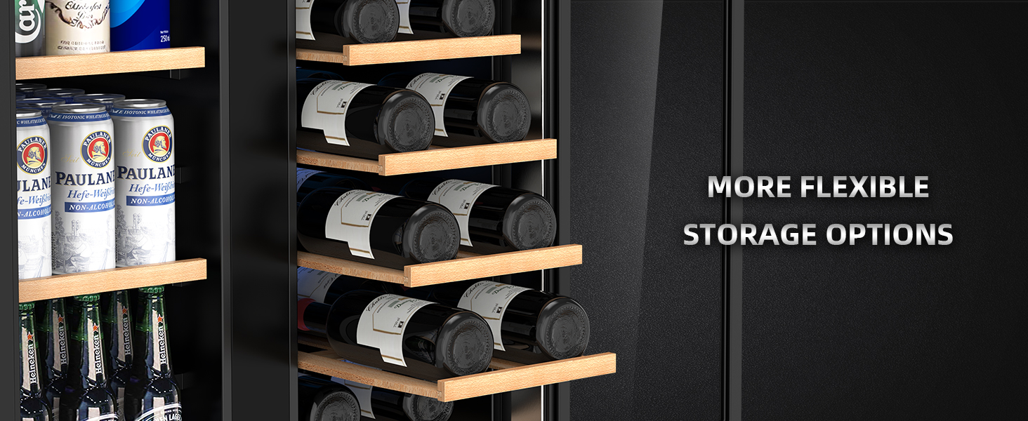 Mojgar wine and beverage fridge with flexible storage options. Features adjustable wooden shelves for bottles and cans, providing efficient organization and maximizing space for different drink sizes.