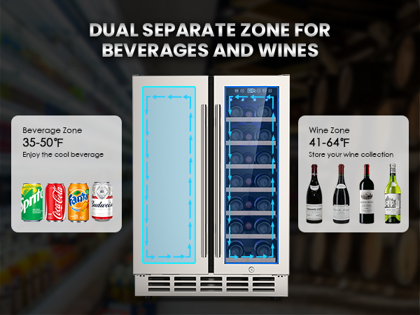 Mojgar dual-zone fridge with a 35-50°F beverage zone and a 41-64°F wine zone. Perfect for chilling drinks and preserving wine collection with independent cooling compartments.