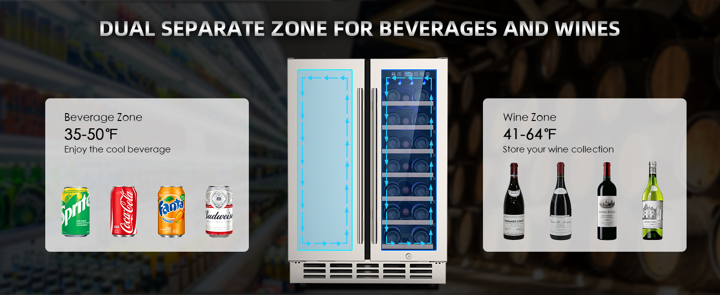 Mojgar dual-zone fridge with a 35-50°F beverage zone and a 41-64°F wine zone. Perfect for chilling drinks and preserving wine collection with independent cooling compartments.