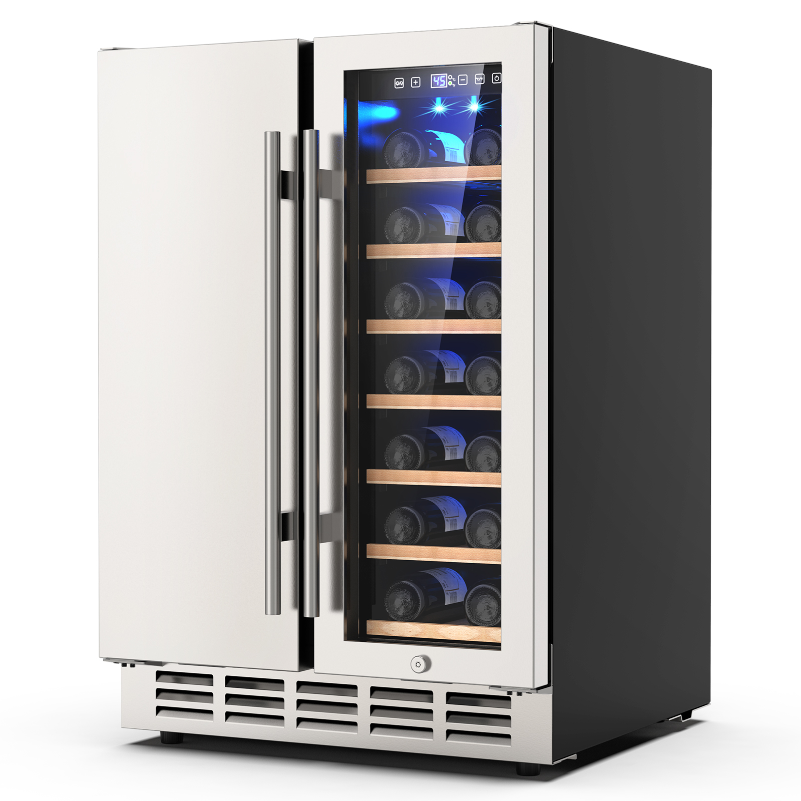 Mojgar 24-inch dual-zone wine refrigerator with a white finish and glass doors. Holds 20 bottles with adjustable wooden shelves. Features digital controls, LED lighting, and dual cooling zones for optimal wine storage. Suitable for freestanding or built-in use.
