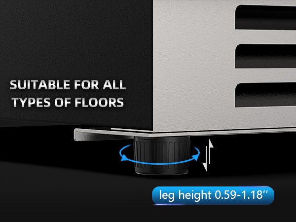 Mojgar wine and beverage fridge with adjustable legs (0.59-1.18 inches) for stability on all floor types. Ensures level placement for optimal performance in kitchens, bars, and living spaces.