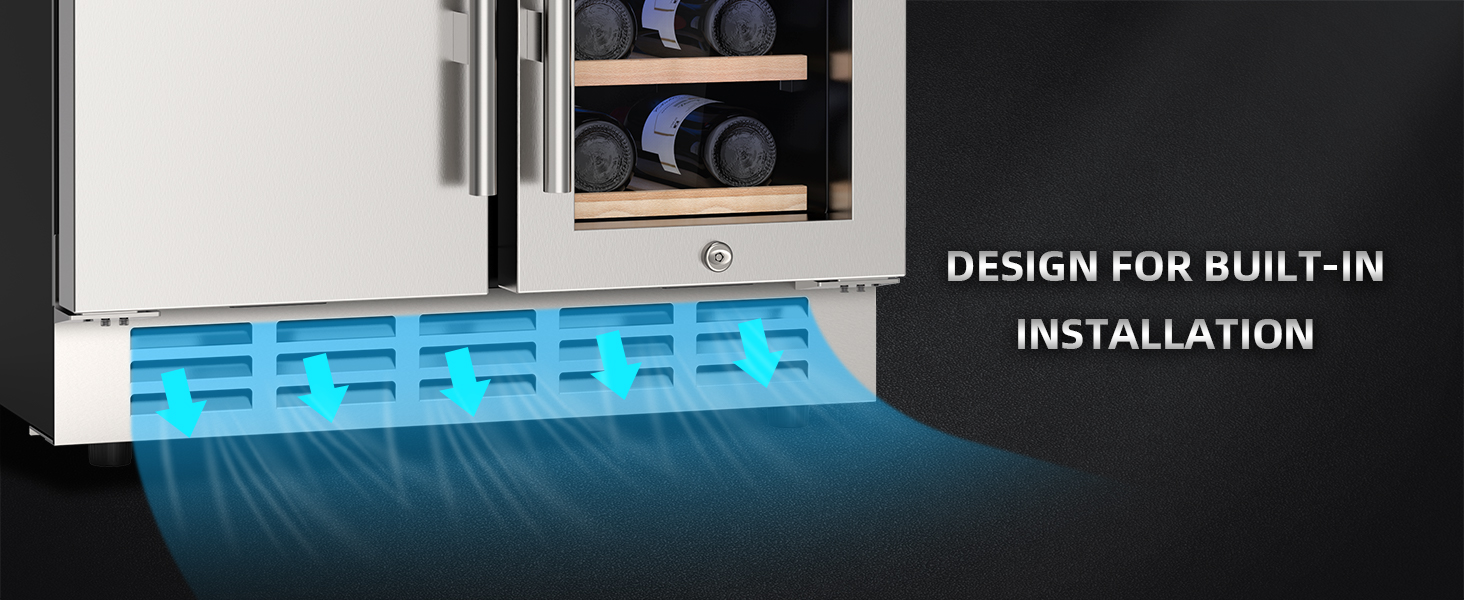 Mojgar fridge with a front ventilation system for built-in installation. Ensures efficient cooling and airflow, making it ideal for seamless integration into kitchen cabinets and bar areas.