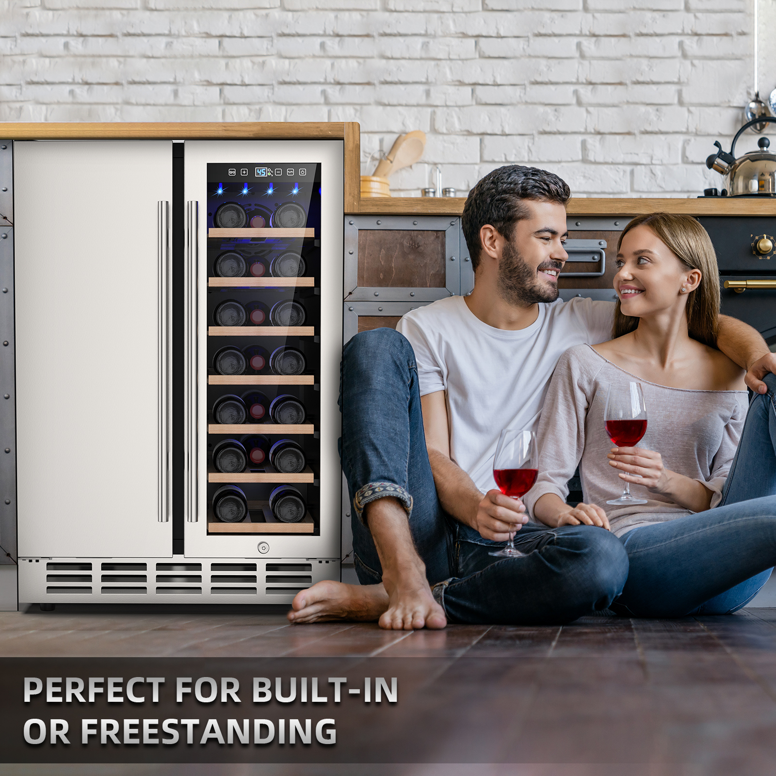 Mojgar dual-zone wine and beverage fridge, ideal for built-in or freestanding use. Stylish design with glass door, LED lighting, and adjustable shelves. Perfect for home kitchens, bars, and entertainment spaces.