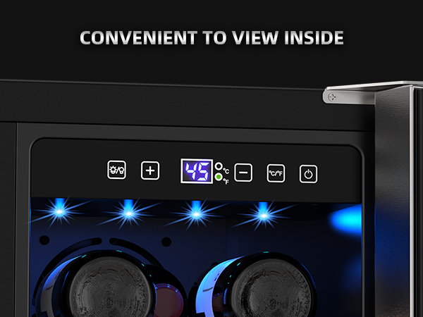 Mojgar wine and beverage fridge with a transparent glass door and blue LED lighting, allowing easy visibility of stored drinks. Stylish and functional design for convenient access.