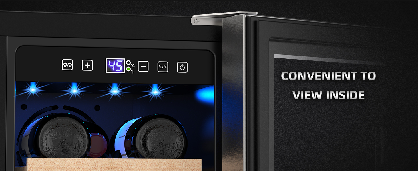 Mojgar wine and beverage fridge with a transparent glass door and blue LED lighting, allowing easy visibility of stored drinks. Stylish and functional design for convenient access.