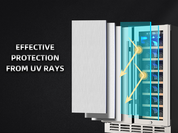 Mojgar fridge with UV-resistant glass door to protect wine and beverages from harmful UV rays. Ensures optimal preservation and prevents flavor deterioration. Ideal for home and bar use.