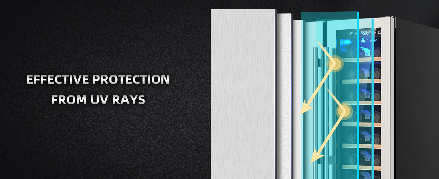 Mojgar fridge with UV-resistant glass door to protect wine and beverages from harmful UV rays. Ensures optimal preservation and prevents flavor deterioration. Ideal for home and bar use.