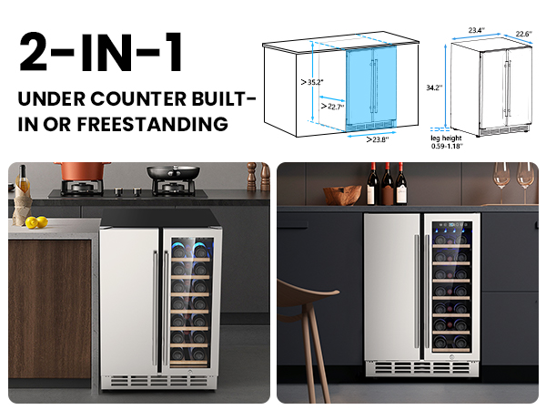 Mojgar dual-zone fridge designed for under-counter built-in or freestanding use. Features precise dimensions for seamless installation, perfect for kitchens, bars, and entertainment spaces.