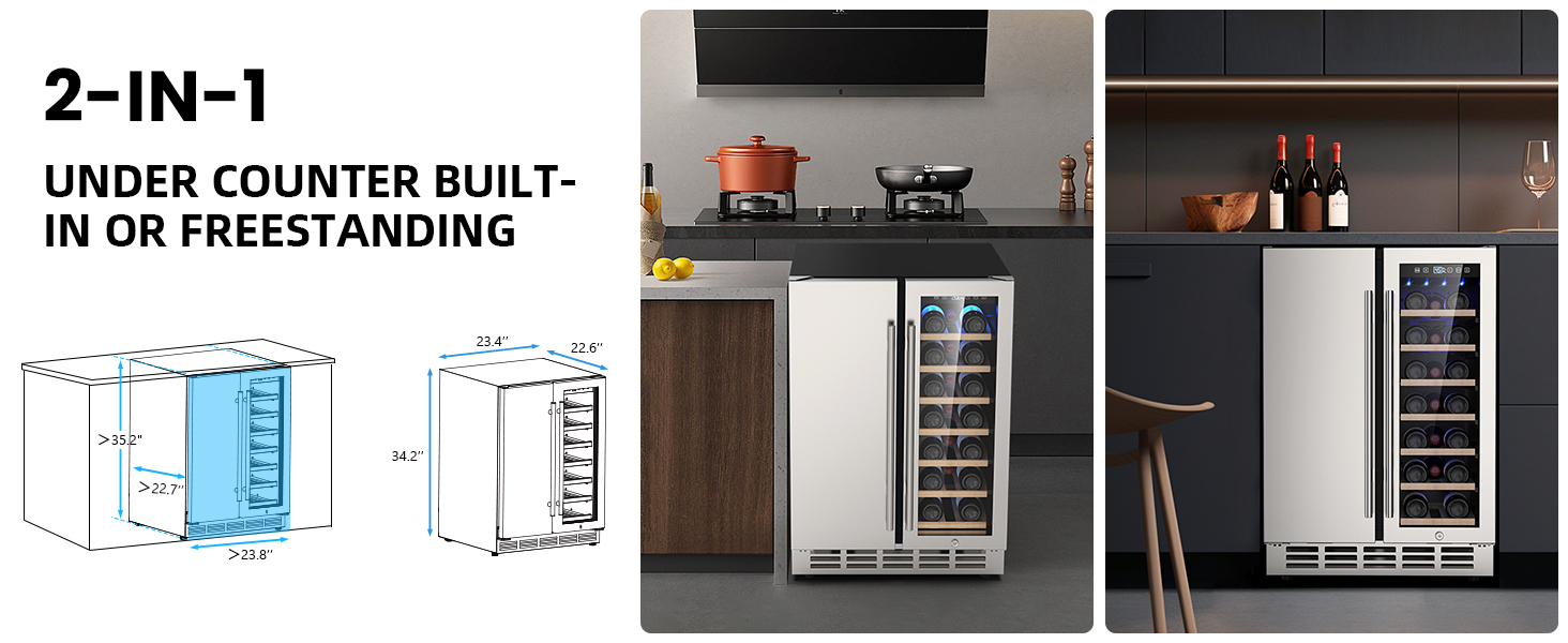 Mojgar dual-zone fridge designed for under-counter built-in or freestanding use. Features precise dimensions for seamless installation, perfect for kitchens, bars, and entertainment spaces.