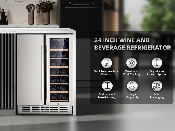 Mojgar 24-inch dual-zone wine and beverage fridge with adjustable shelves, quiet cooling, and large capacity. Perfect for built-in or freestanding use, featuring solid packaging and digital temperature control.