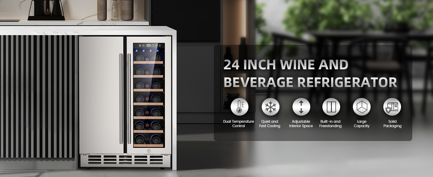 Mojgar 24-inch dual-zone wine and beverage fridge with adjustable shelves, quiet cooling, and large capacity. Perfect for built-in or freestanding use, featuring solid packaging and digital temperature control.