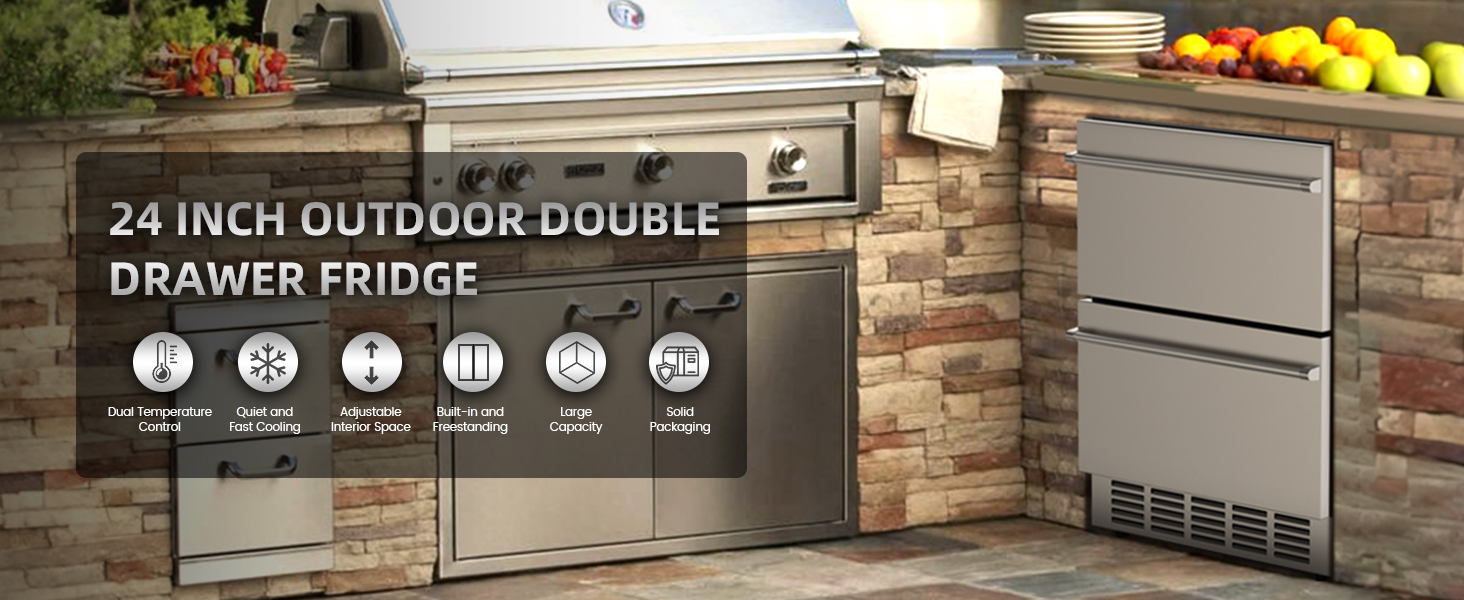 Outdoor kitchen setup featuring a 24-inch outdoor double-drawer fridge with dual temperature control, quiet cooling, adjustable space, and built-in or freestanding installation, perfect for large capacity needs.