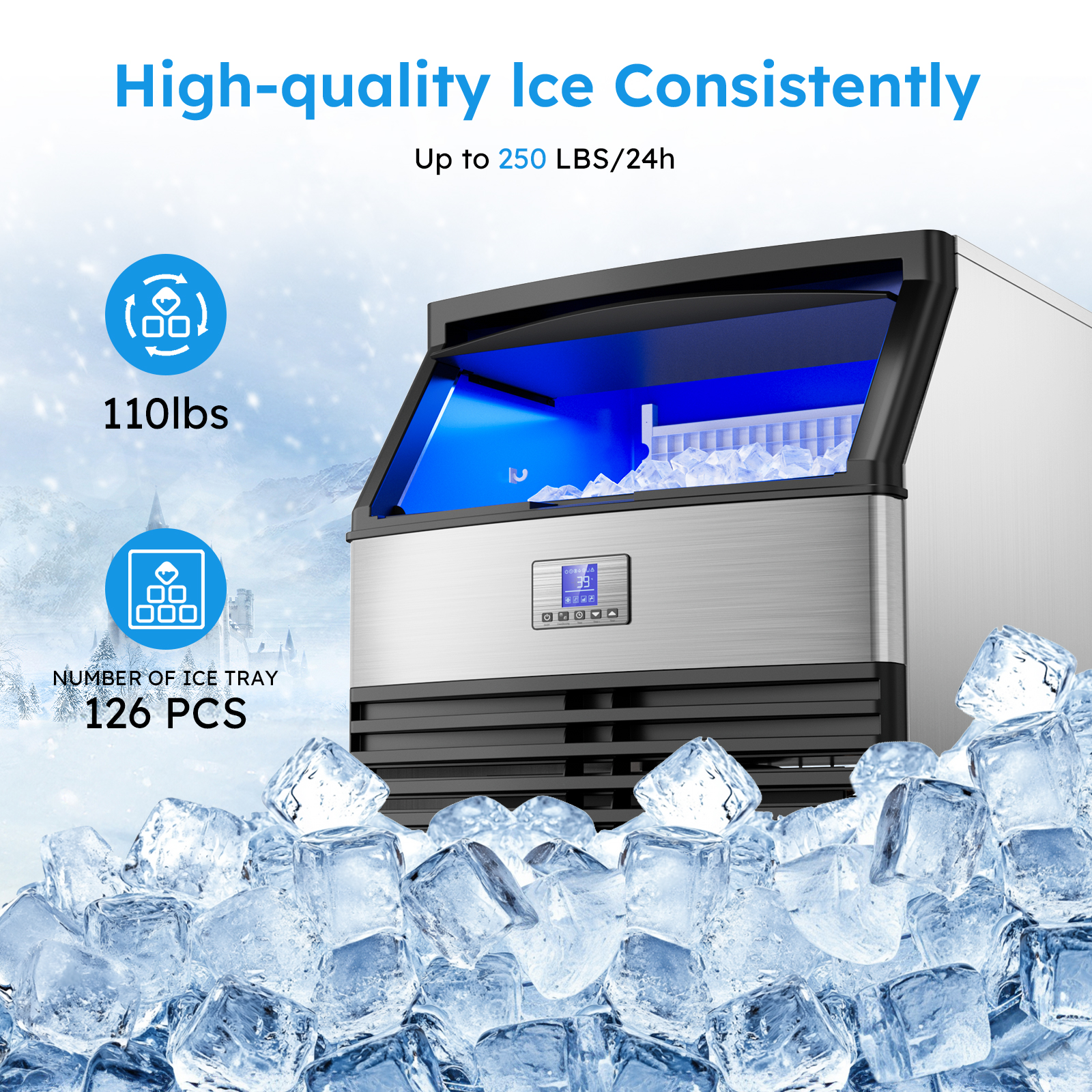 High-quality ice maker, capable of producing up to 250 lbs of ice in 24 hours, with a 110 lbs storage capacity and 126 ice molds, ideal for commercial use, providing a consistent supply of ice.