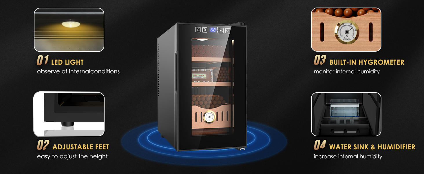 Mojgar 25L Cigar Humidor featuring LED light for internal visibility, adjustable feet for height adjustment, a built-in hygrometer for humidity monitoring, and a water sink & humidifier for enhanced humidity control.