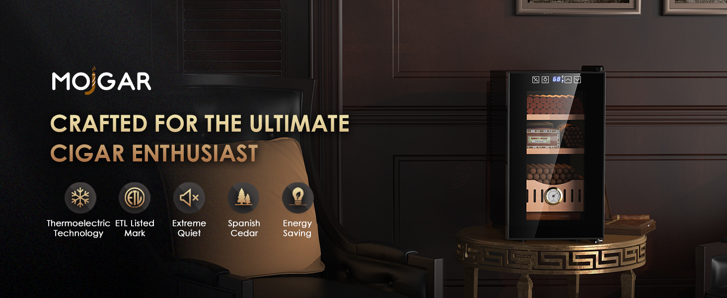 Mojgar 25L Cigar Humidor designed for cigar enthusiasts, featuring thermoelectric technology, ETL certification, Spanish cedar wood shelves, and energy-saving performance, displayed in a stylish setting.