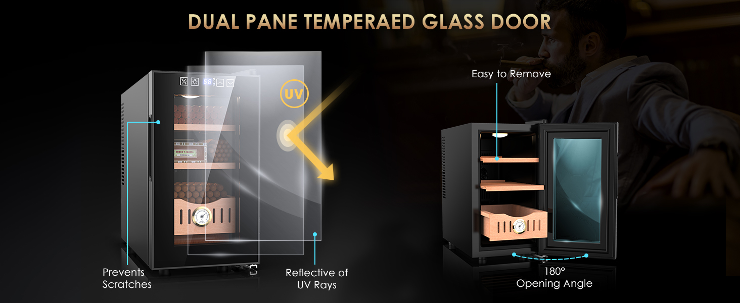 Mojgar 25L Cigar Humidor with dual-pane tempered glass door that reflects UV rays, prevents scratches, and allows easy removal. Features a 180° opening angle for easy access and storage of cigars.
