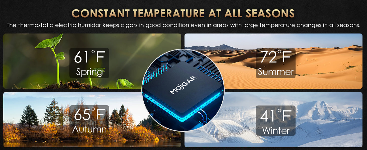 Mojgar 25L Thermoelectric Cigar Humidor ensures a constant temperature across all seasons: Spring (61°F), Summer (72°F), Autumn (65°F), and Winter (41°F), keeping cigars in optimal condition.