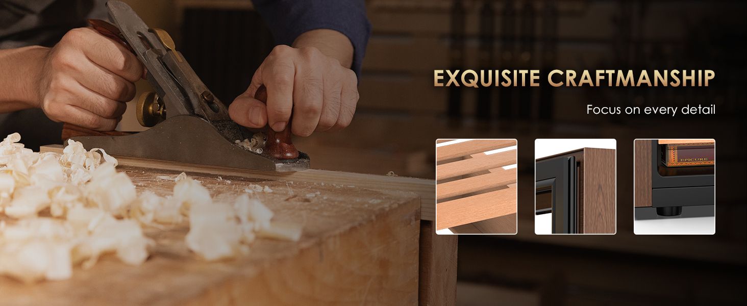 Exquisite craftsmanship of the Mojgar 25L Cigar Humidor, focusing on every detail, from the finely crafted cedar wood shelves to the durable, sleek frame and precision engineering for optimal cigar storage.