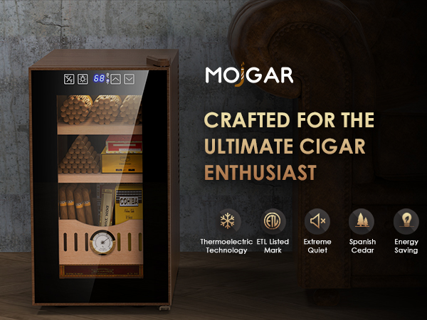 Mojgar 25L Thermoelectric Cigar Humidor crafted for cigar enthusiasts, featuring thermoelectric technology, ETL listed mark, extreme quiet operation, Spanish cedar, and energy-saving design.