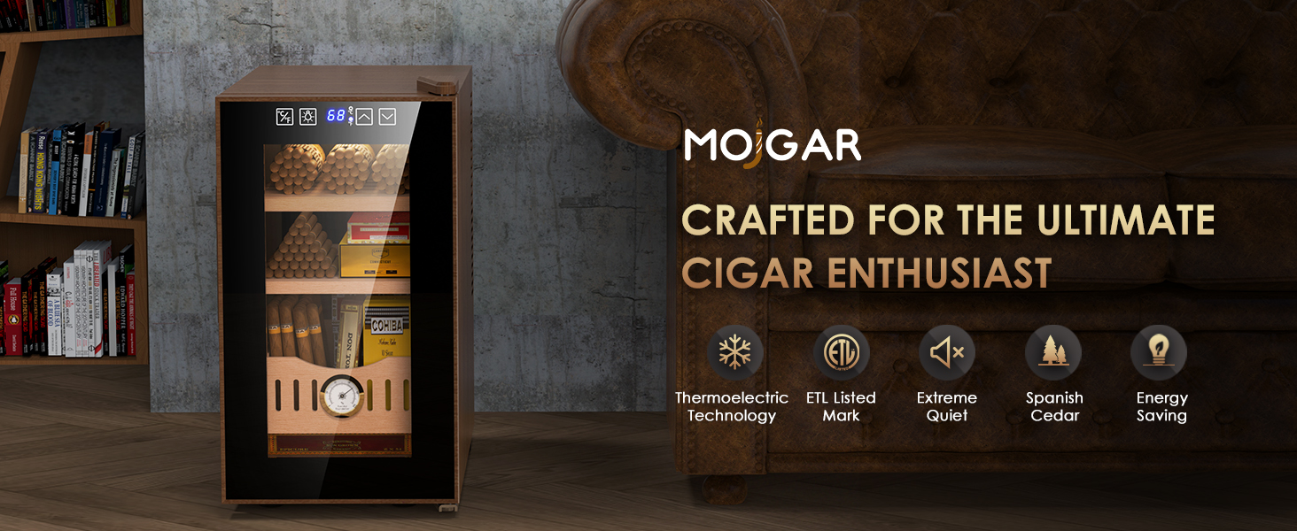 Mojgar 25L Thermoelectric Cigar Humidor crafted for cigar enthusiasts, featuring thermoelectric technology, ETL listed mark, extreme quiet operation, Spanish cedar, and energy-saving design.