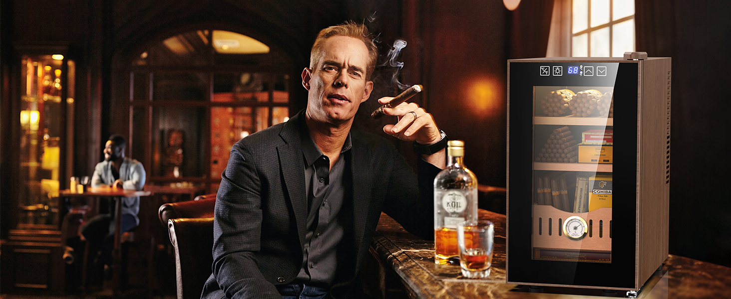 Mojgar 25L Thermoelectric Cigar Humidor in a luxurious bar setting, ideal for cigar enthusiasts. Features precise temperature control and ample storage for cigars, ensuring freshness and flavor preservation.