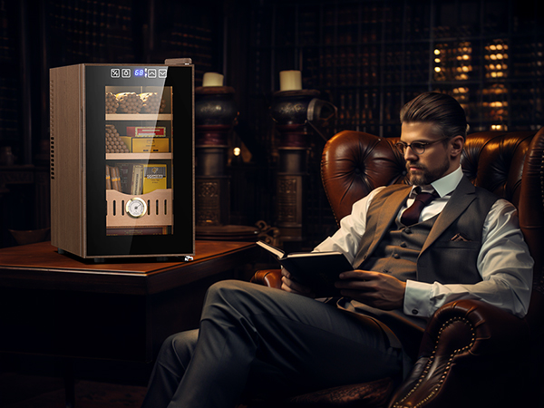 Mojgar 25L Thermoelectric Cigar Humidor in a sophisticated library setting. Perfect for cigar enthusiasts, featuring precise temperature control and elegant storage for cigars in a luxurious environment.
